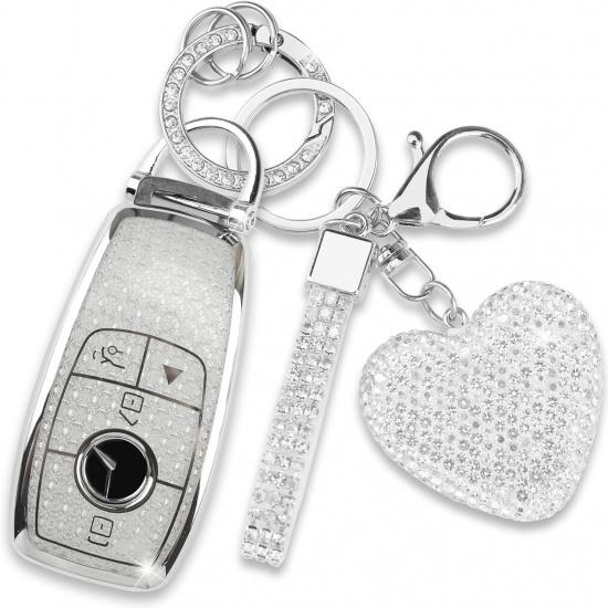 Key Fob Cover with Diamond Keychain for Mercedes Benz Women Car Key Shell Compatible with Benz 2017- E-Class 2018- S-Class - A-Class C-Class G-Class