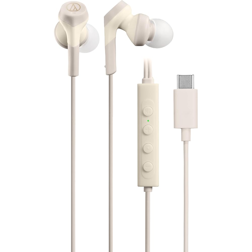Audio-Technica ATH-CKS330NC BG Wired Earphones, Type-C, Noise Cancelling, 1.2m U-shaped Cord, No Latency, Microphone, Remote Control, Deep Bass, Close