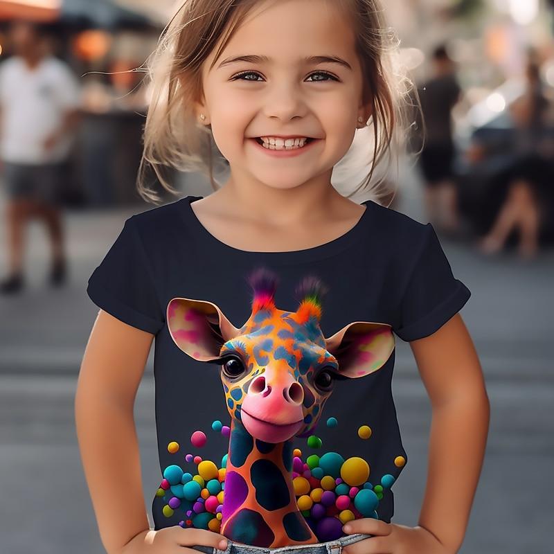 T-shirt Grafica a Fumetti Giraffa da Ragazza Maglietta Manica Corta Stampa Estate Primavera Attiva Moda Carino Bambini Esterno Casual Quotidiano