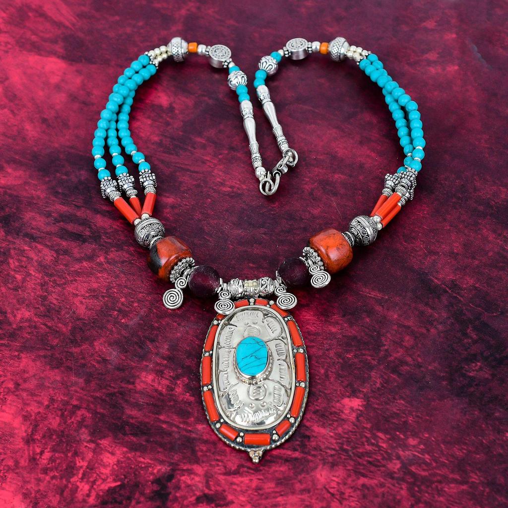 Türkis, Rote Koralle Halskette, Edelstein 925 Massiv Sterling Silber Schmuck Halskette, Handgefertigter Schmuck Geburtsstein Nepalesische Halskette, Geschenk für Ihn