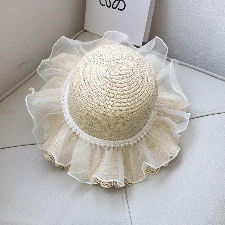 Girls Summer Straw Sun Hat With Pearl Lace Wide Brim Baby Beach Shade Cap Stylish UV Protection Outdoor Headwear