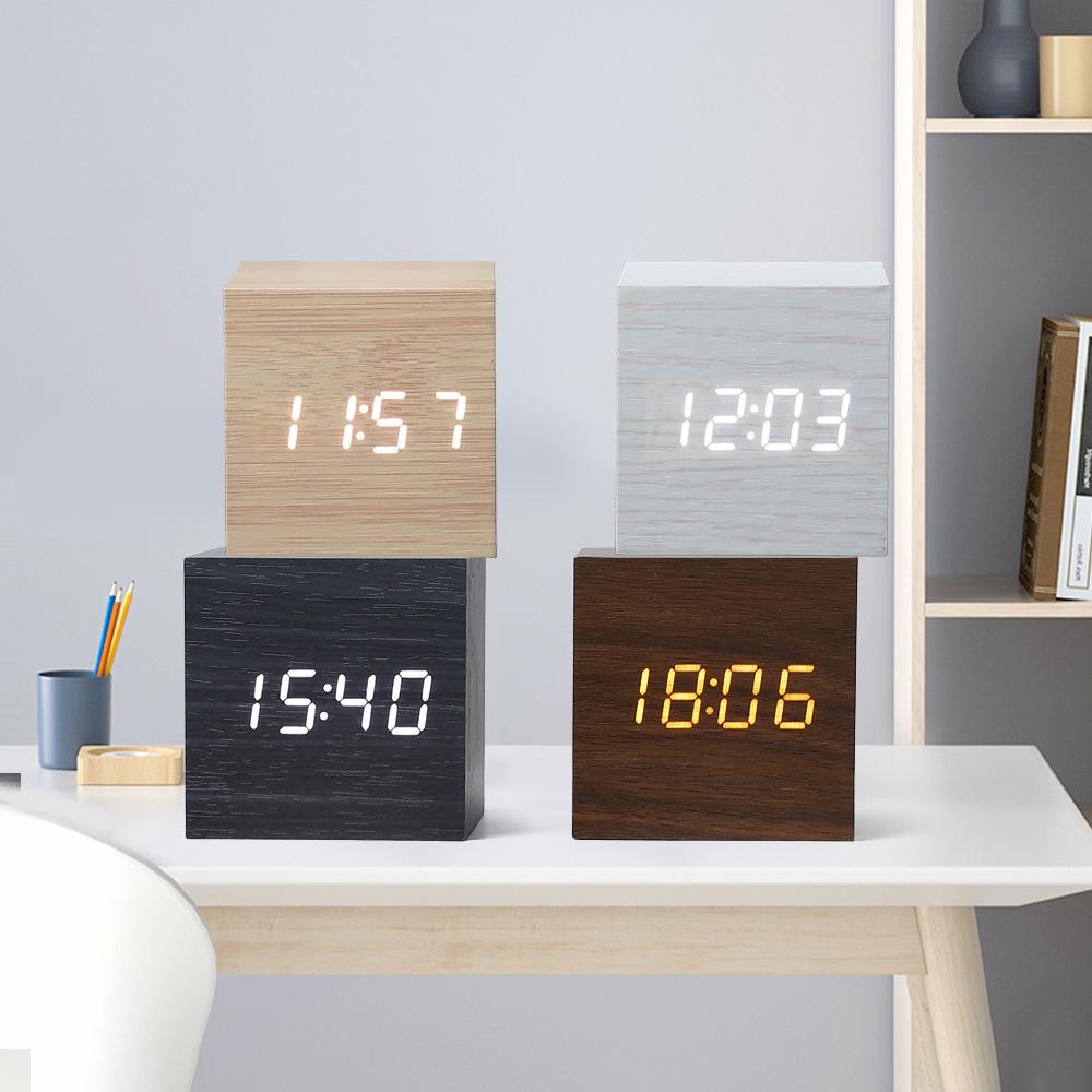 Wood Clock Creative Electronic Clock Square Digital Clock Mini Small Alarm Clock Thermometer Bedside Clock