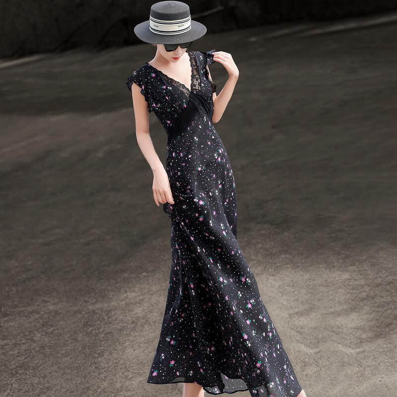 Lanseer French Elegant Lace V-Neck Floral Midi Dress