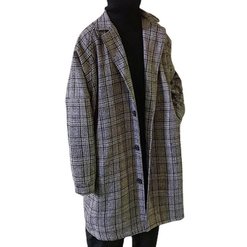Men's Mid-Length Plaid Wool Coat: Trendy, Hong Kong Style, Loose-Fit Windbreaker for Autumn and Winter.