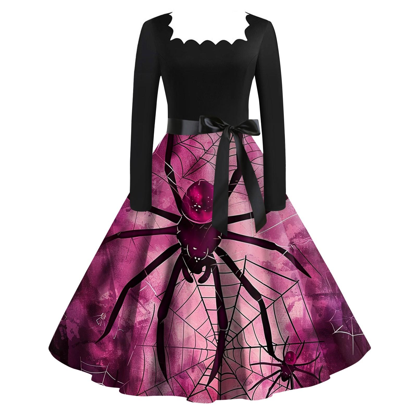 

Women s Fashionable Retro Long-sleeved Square-neck Halloween Printed Evening Dress M фіолетовий