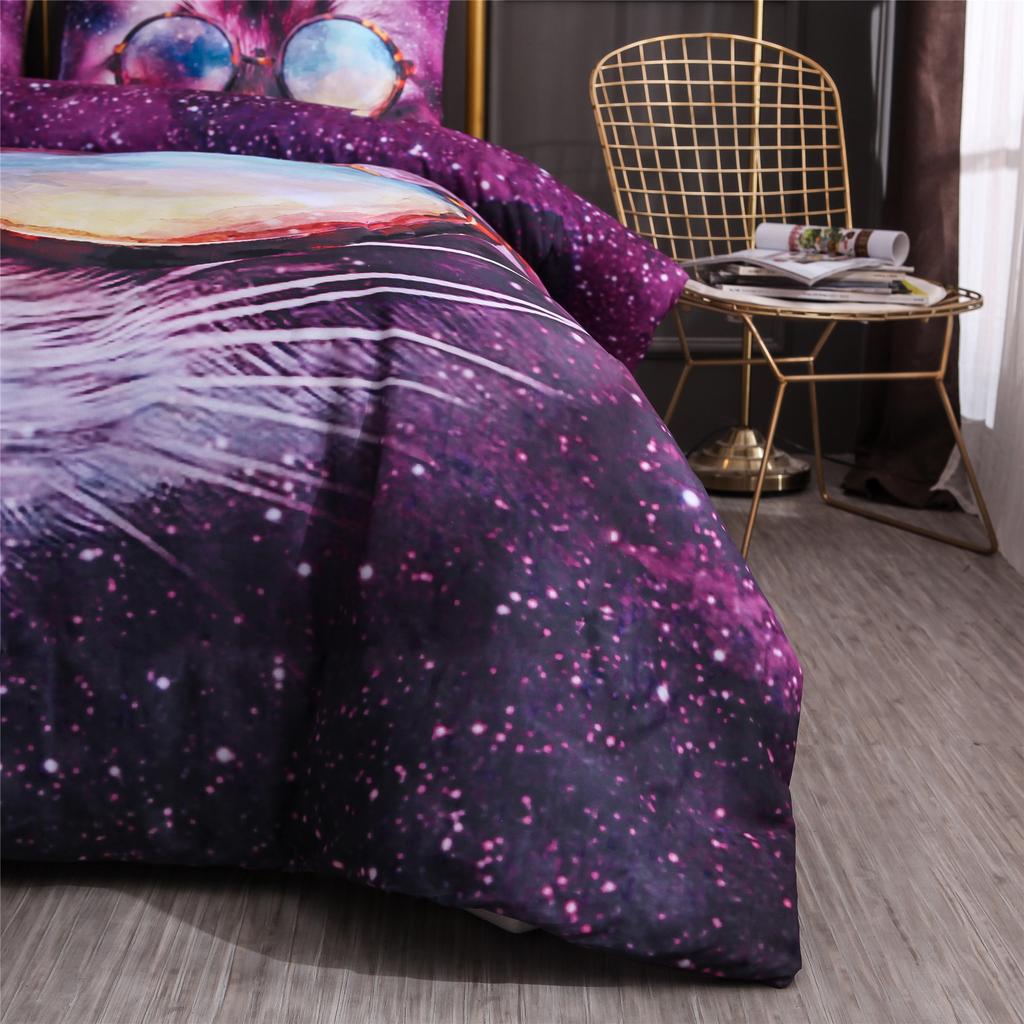 Deep Purple Galaxy Bedding Sets 3D Animals Glasses Cat Duvet Cover Sets Pilowcases Comforter Bedding Sets 228x228cm Quality 9D58