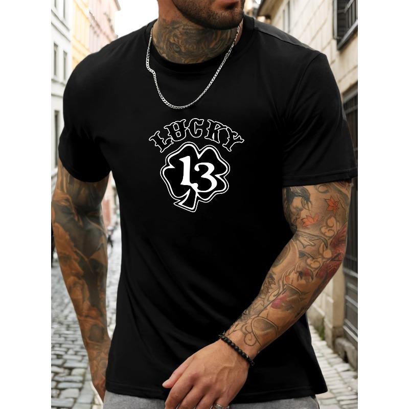 Europäische Größen Herren Glückszahl 13 Symbol T-Shirt - Kurzarm Einfarbig 13 Aufdruck Rundhals Sommer Freizeit T-Shirt