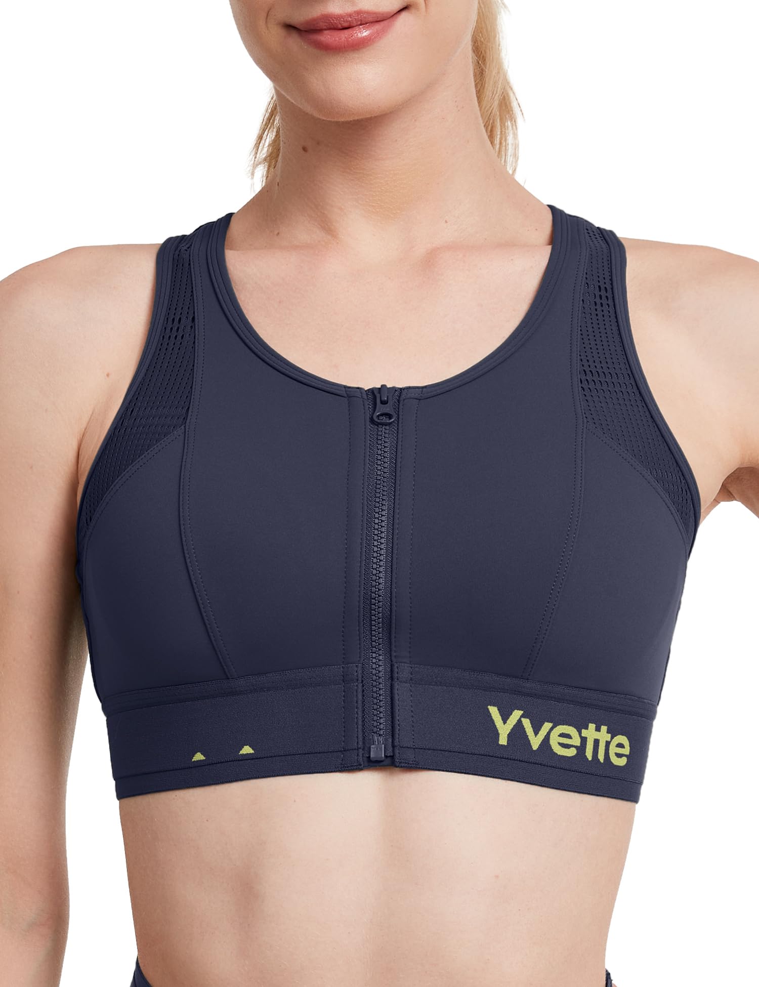 

Yvette Sports High Integrated Towel Rail Size M Navy Women s Bra, Non-Slip, Front-Opening, Support, Mesh, Cups, Buckle, Fitness, Running, Gym,
