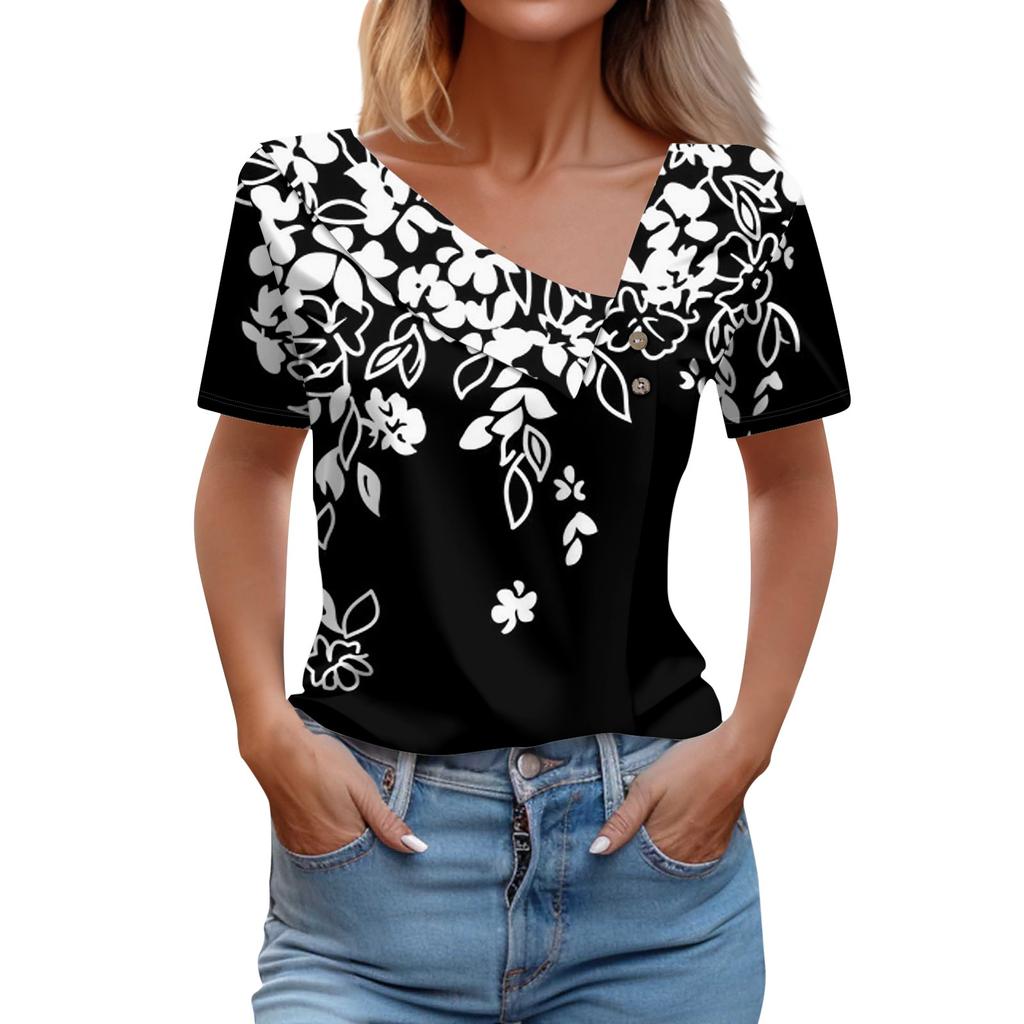 Women's T Shirt Tee Fashion Skew Collar Button-up Vintage Print Short-sleeved Top