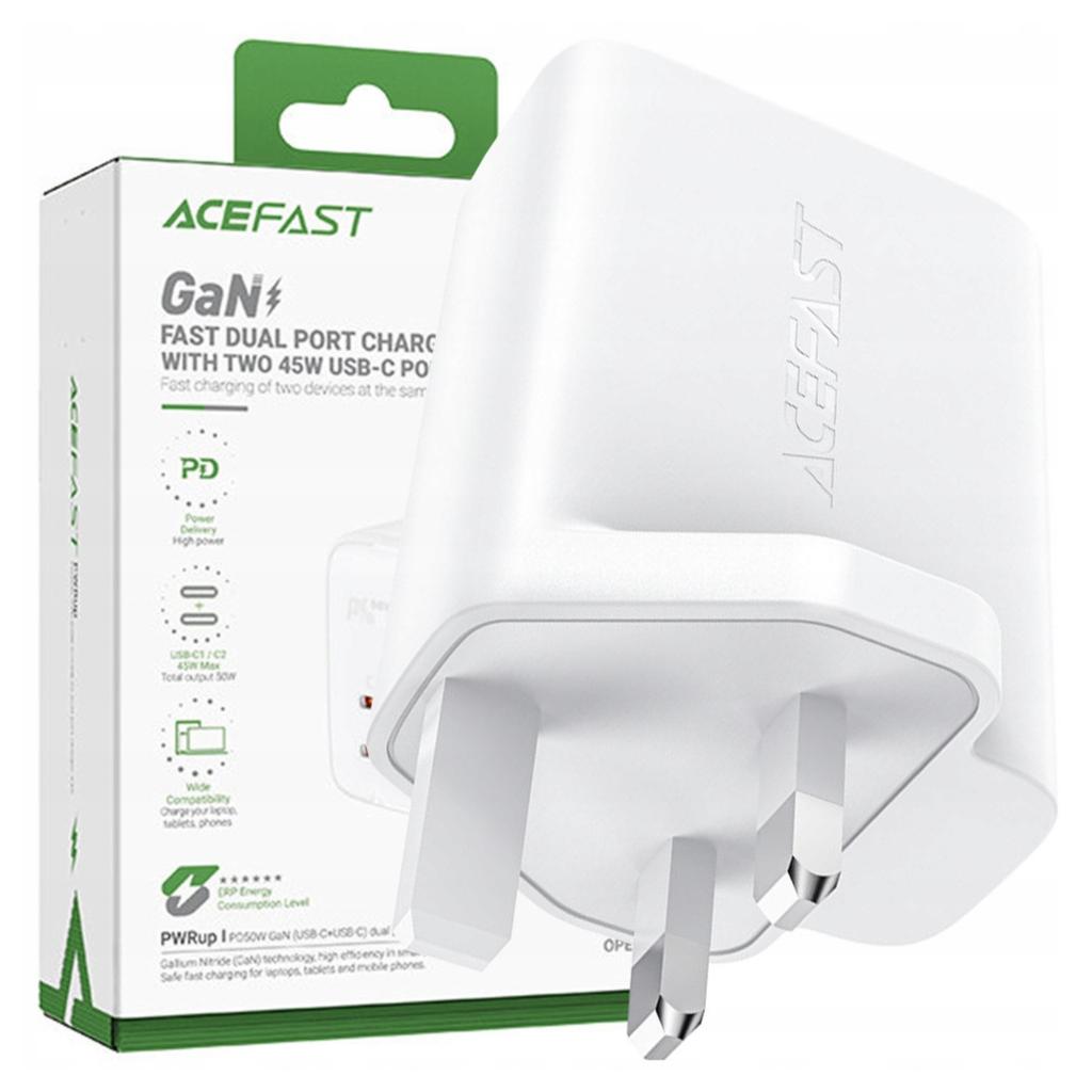 Acefast Ładowarka Gan 65W 3 Porty (1Xusb, 2Xusb C Pd) Wtyczka Uk Biała (A44)
