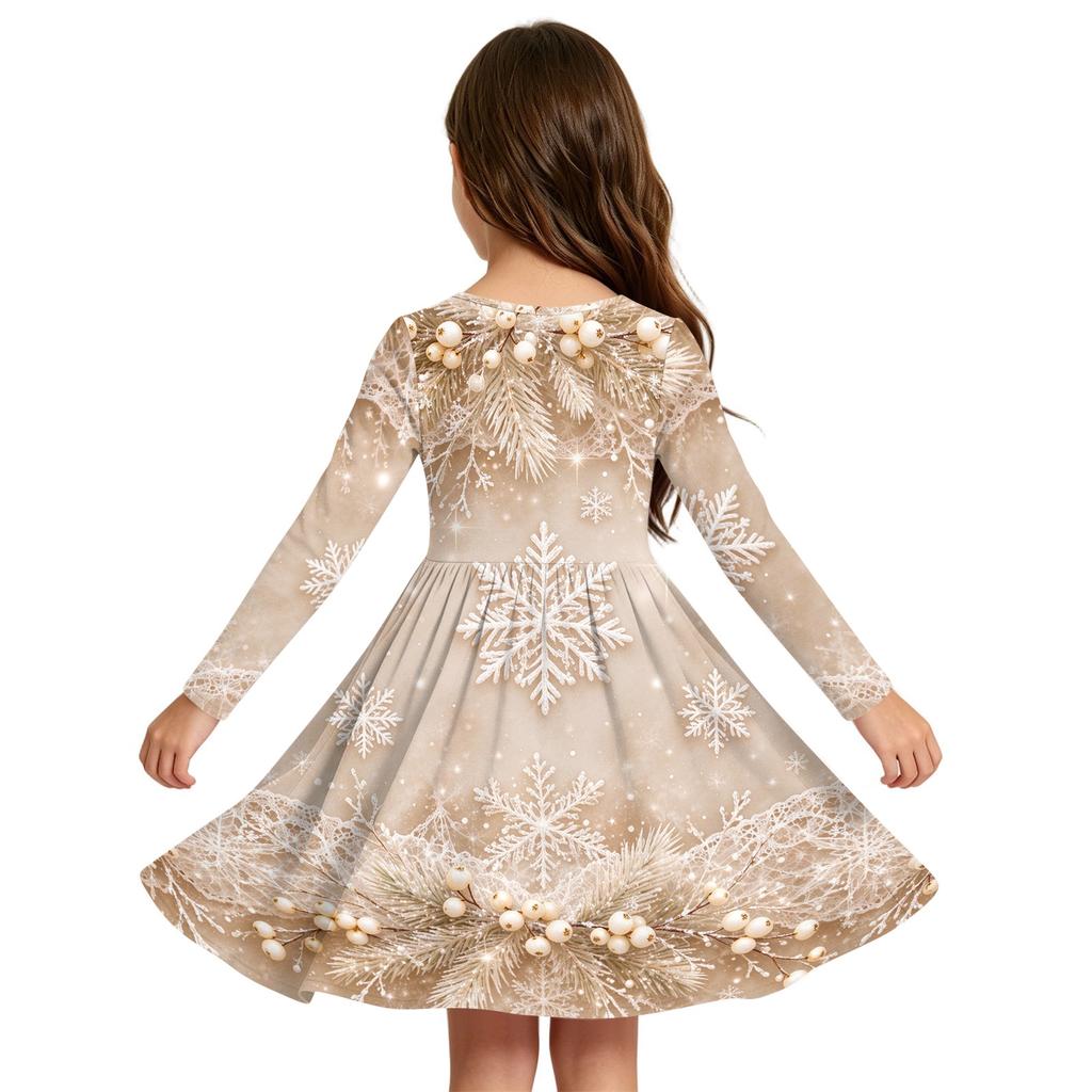Kids Christmas Print Long Sleeve Dress for Holiday Parties and Everyday Wear