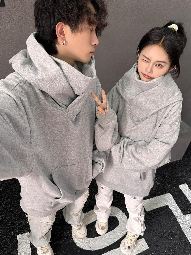 Unisex Trendy High-Collar Hooded Jacket with Velvet Lining for Social Anxiety