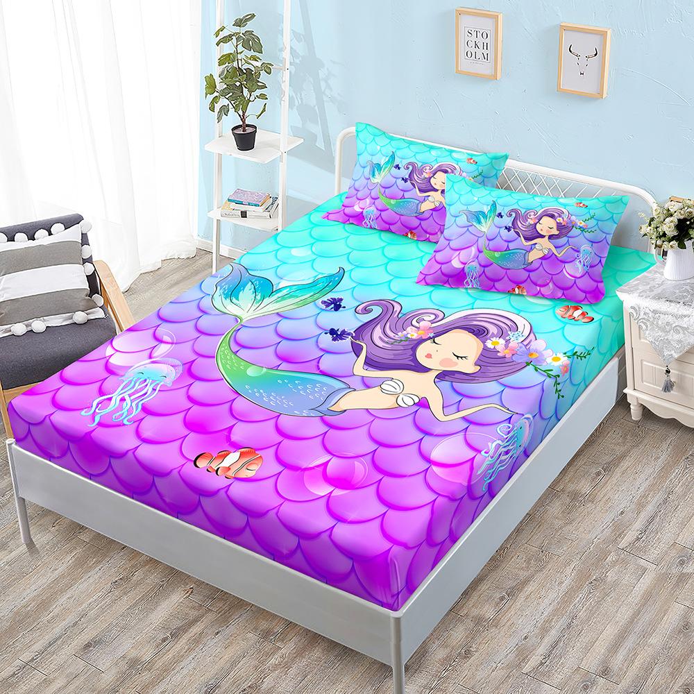 Gradual Change Color Mermaid Mattress Kit Three-Piece Pillowcase Mattress Cover
