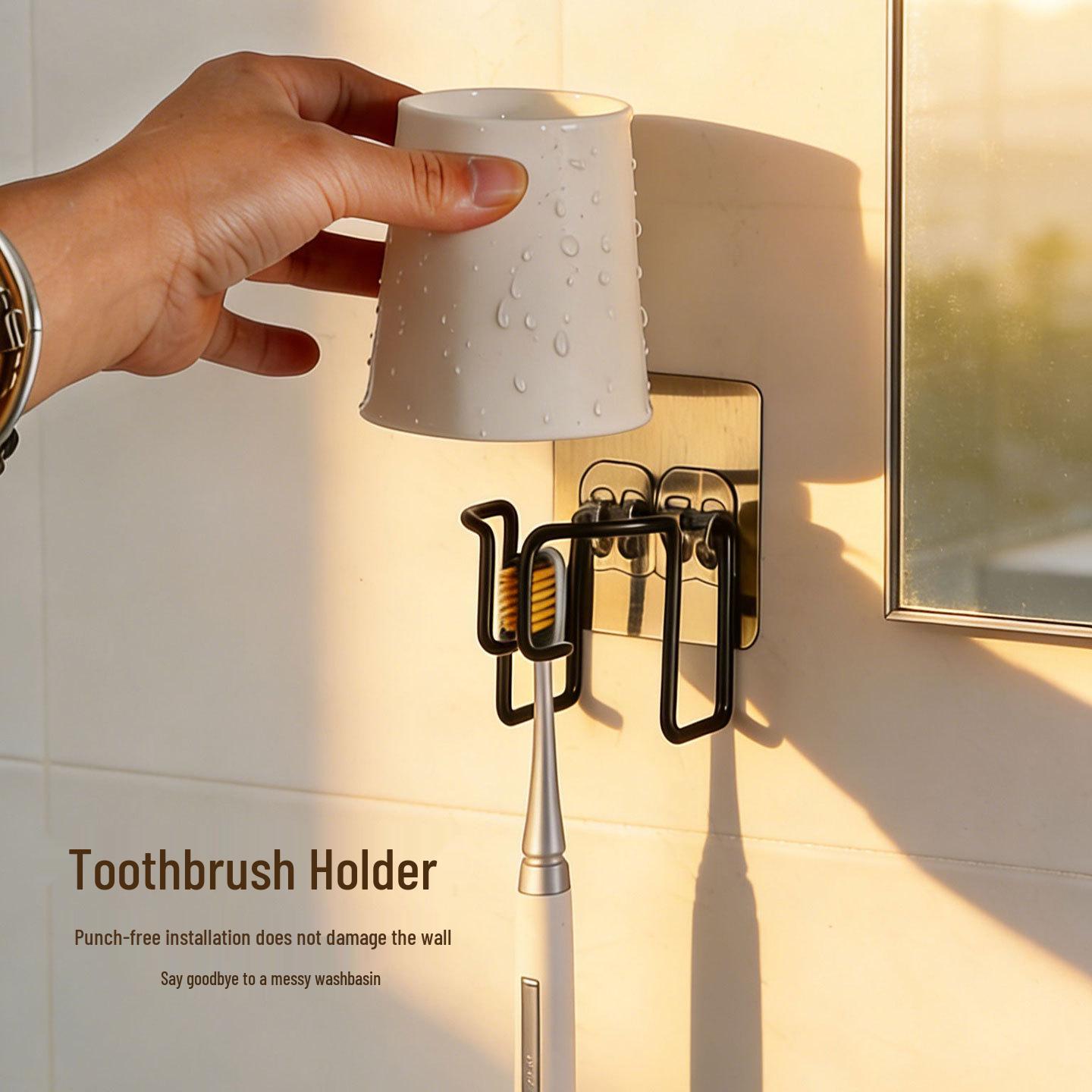 

No-Drill Bathroom Shelf & Toothpaste Holder—Simple Style, Metal Cup Organizer Toothbrush Holder чёрный