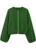 Women's Autumn/Winter Bomber Jacket - Round Neck, Drop Shoulder, Lantern Sleeve, Street Style Zip Cardigan