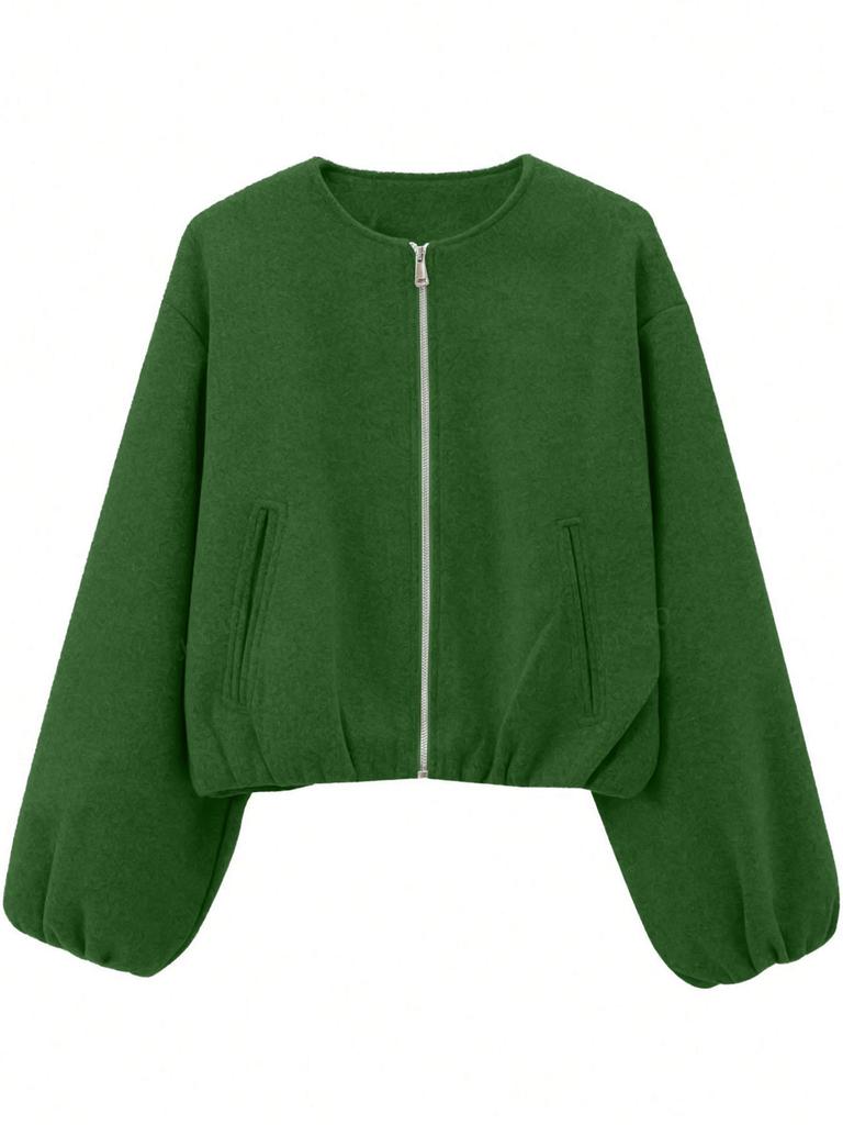 Women's Autumn/Winter Bomber Jacket - Round Neck, Drop Shoulder, Lantern Sleeve, Street Style Zip Cardigan