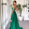 Lady Evening Dress Low-cut Collarless Lace-up Hollow Back Sleeveless Pleated Spaghetti Strap Floor Length Maxi Dress Slim Fit High Slit Solid Color