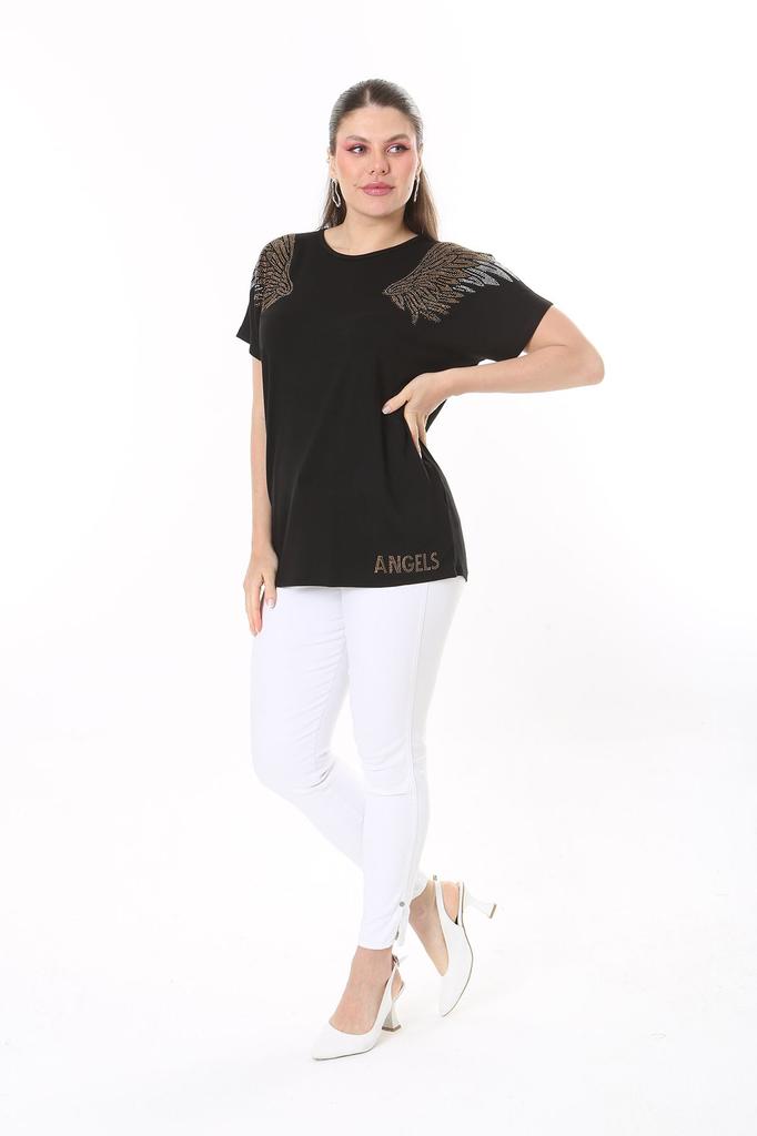 Damen-Bluse in großen Größen, Übergröße, schwarze Angels Stone-Bluse mit kurzen Ärmeln und detaillierten Details