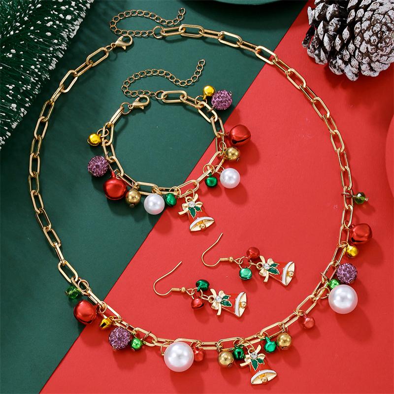 Fashion Christmas Tree Colorful Bells Pendant Necklace Bracelet Earrings for Women Festival Party Jewelry Set New Year Gift
