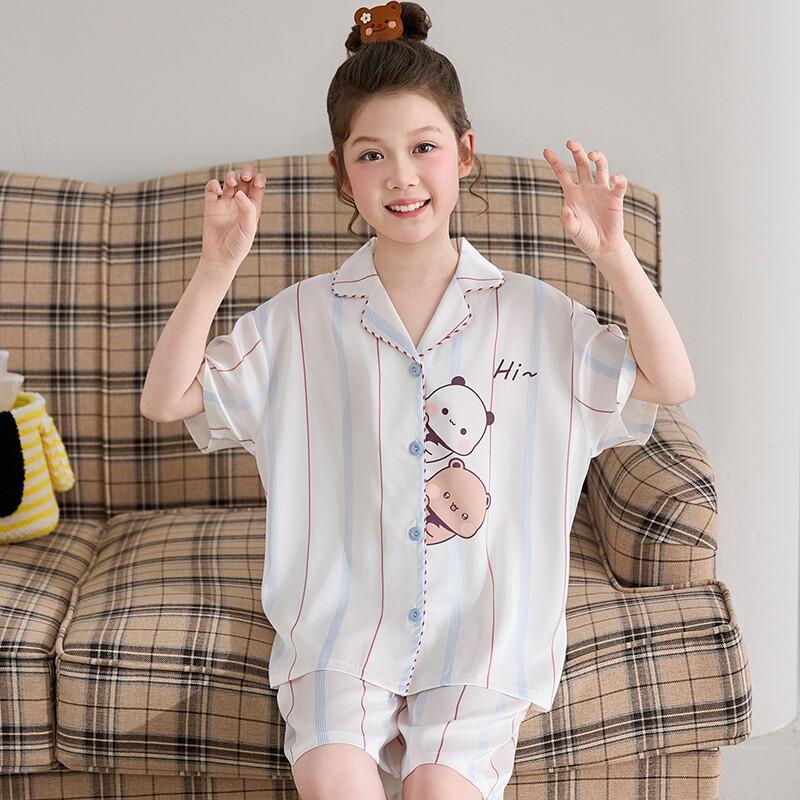 Girls Ice Silk Pajama Set Short Sleeve Cartoon Print Sleepwear 8-14 Years Old Kids