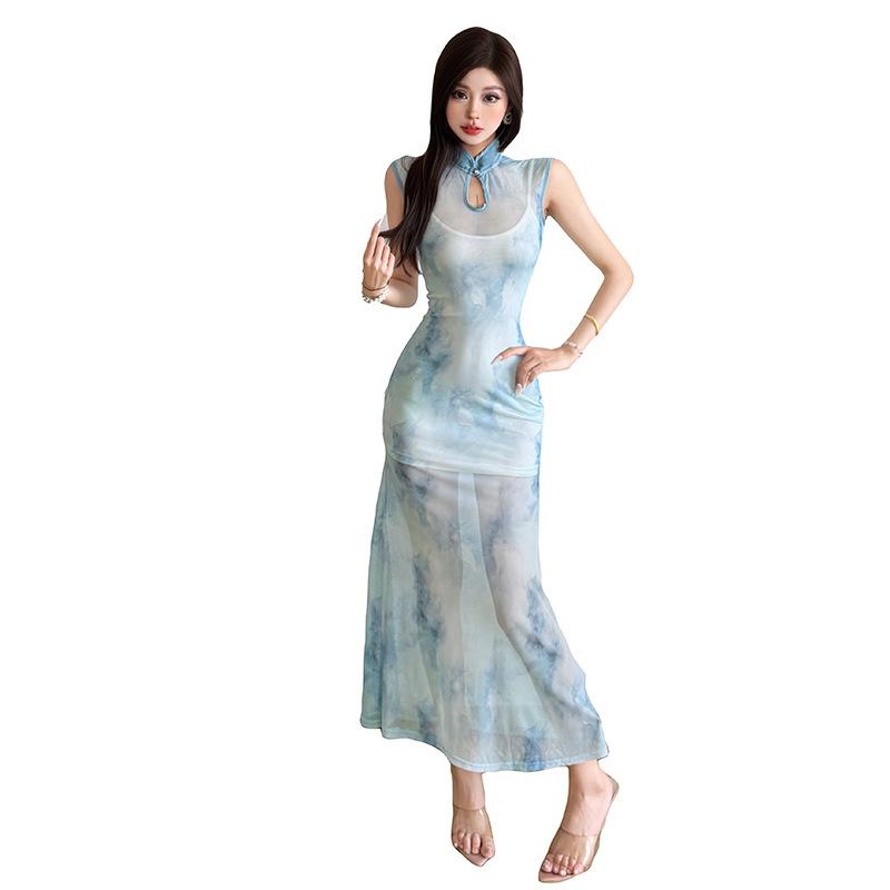 2026 European and American pure desire sexy celebrity temperament style improved cheongsam waist mesh yarn hip-wrapped dress women