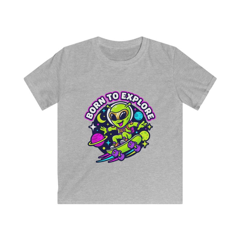 Born to Explore Alien Skateboard Kids Tee | Space Skateboarder, Neon Planet Design 100