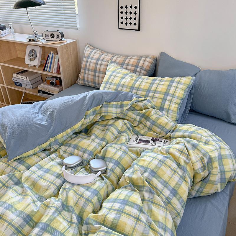 Washed Skin-friendly Bedding Set Sheet Pillowcase Quilt Cover Lattice