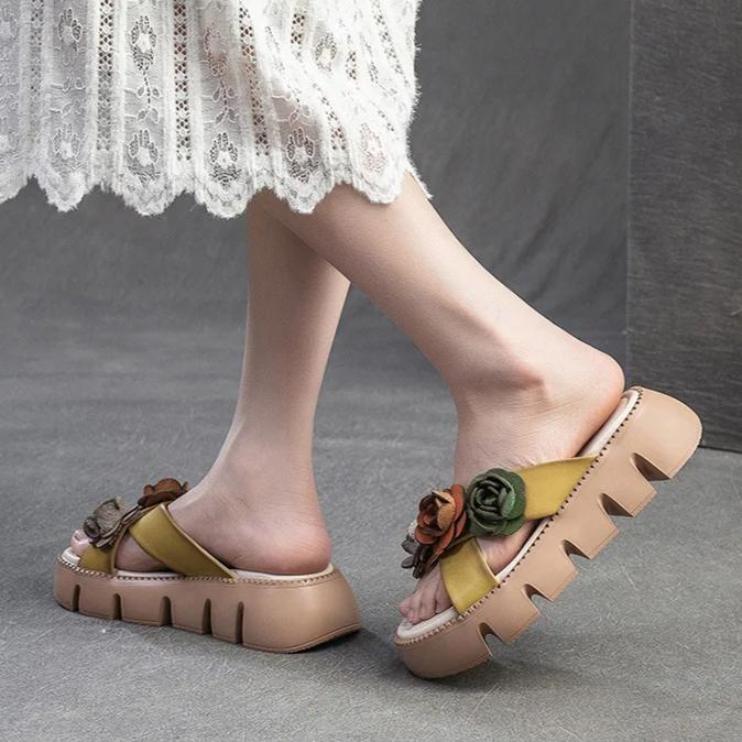 Johnature Handmade Flower Retro Women's Peep Toe Shoes Lightweight Thick Soled Genuine Leather Outdoor Slippers