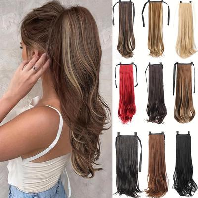 20 Inch Elegant Straight Hair Drawstring Ponytail Extensions for Women, Synthetic Slightly Curled Up Ponytails Hairpieces Suitable for All Women
