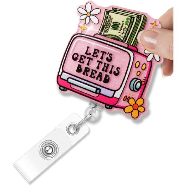 Let s Get Thhis Bread Retractable Badge Holder, Funny Pink Toaster Badge Reel Gifts for Social Worker Office Worker Teacher, Money Gifts for Nurses