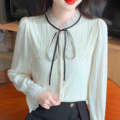 Winter Fashion New 2024 Long Sleeve Lace Up Stand Collar Apricot Velvet Lace Blouse Shirt Women Tops Blouses Shirts J811