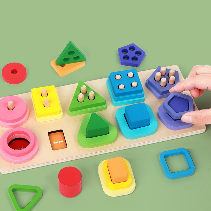 Montessori Wooden Sorting Stacking Toys Shape Color Sort Block Puzzles Toddler Geometric Stacking Toys for Baby Early Education