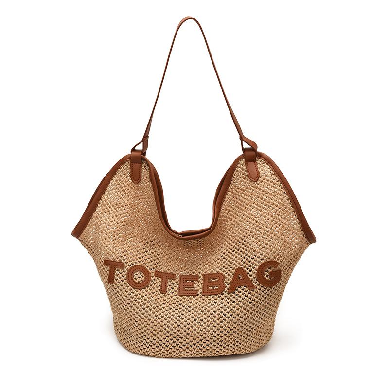 Women s Embroidered Straw Bag Large Capacity Letter Shoulder Handbag