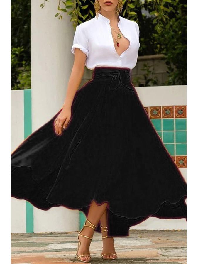 Solid Color Belted Midi Skirt - European and American Style Women's Fashion