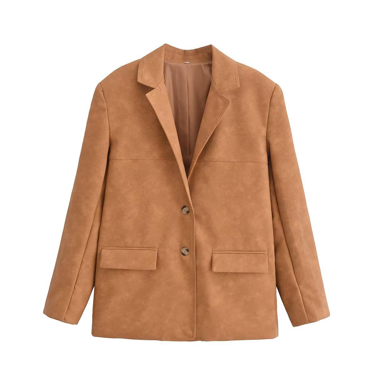 

2024 Осень Женский Европейский и Американский Стиль Универсальный Повседневный Костюм из Искусственной Кожи S светло-коричневого