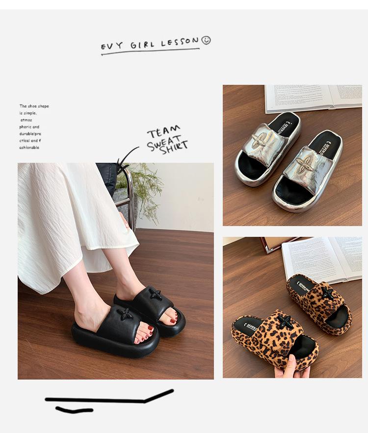 Cross Flower Small Man Increases Height Thick Sole 2025 New Summer Cool Slippers Women's Shoes Wear Leopard Print One-word Slippers