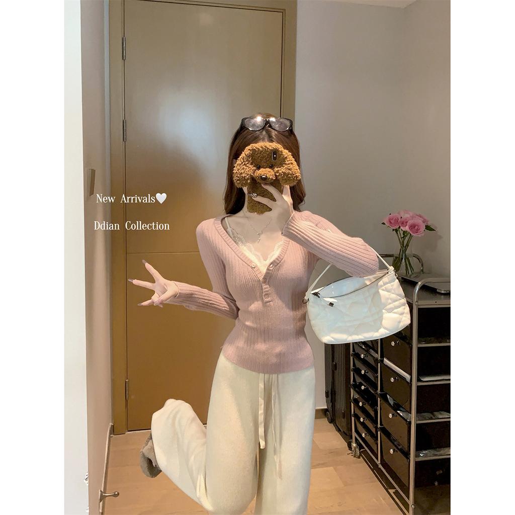 Spice Girl Wind Lace with Chest Pad Suspender Women's Spring Button Neck Pit Strip Sweater Bottom Shirt Two-piece Set