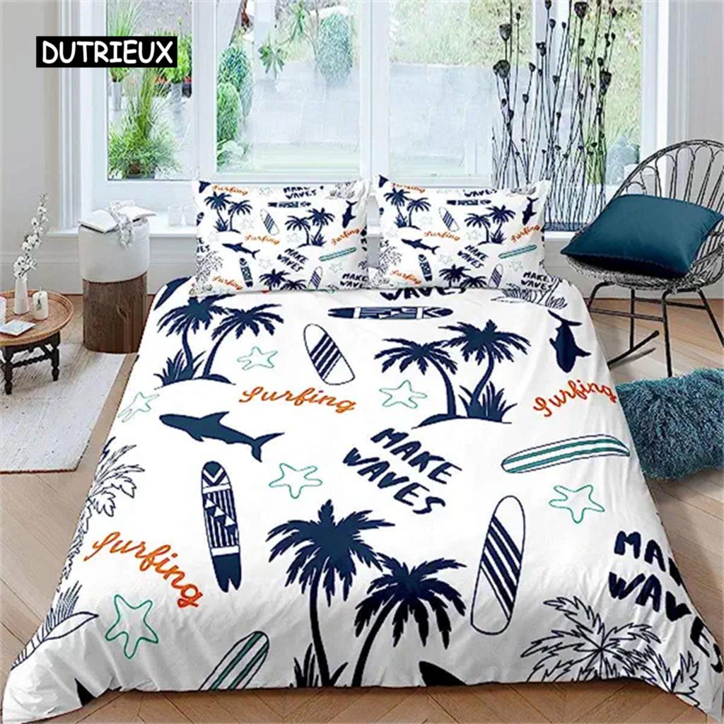 Surfboard Summer Sea Surfing Theme Duvet Cover Ocean Theme Bedding Set For Kids Boys Teens Soft Polyester Quilt Cover Decoration