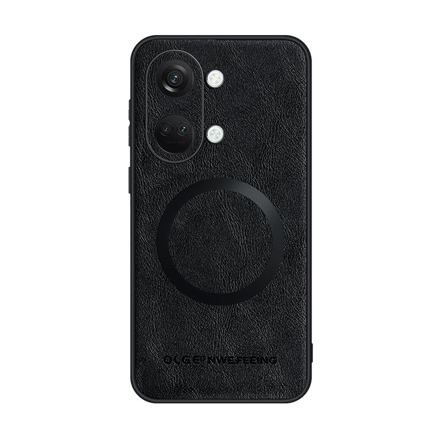 For OnePlus Ace 2 2 Pro 2V Fine Hole PU Cow Pattern Leather Magnetic Ring Soft Edge Anti-drop Anti-fingerprint Phone Case