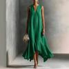 Women's V Neck Sleeveless Maxi Dress Loose Fit Casual Irregular Hem Linen Dress