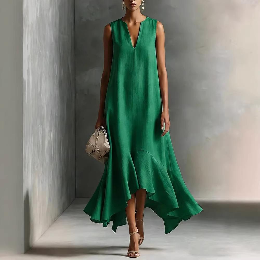 Women's V Neck Sleeveless Maxi Dress Loose Fit Casual Irregular Hem Linen Dress