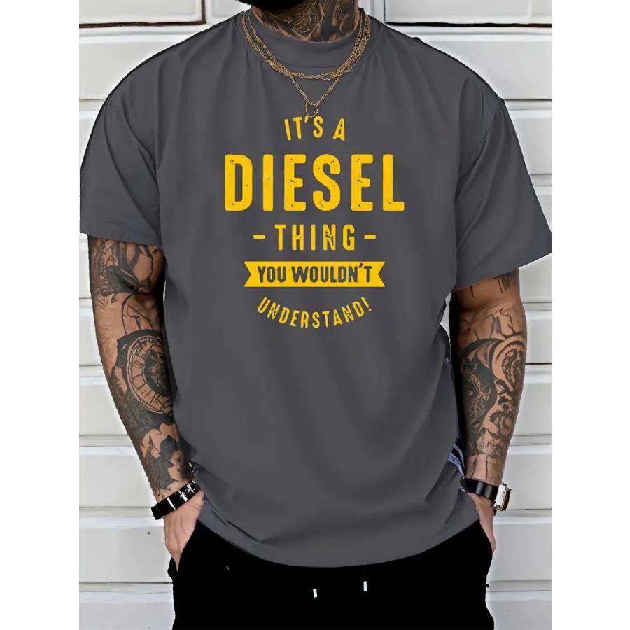 Men's Quick-Dry Breathable Casual T-Shirt with Bold "It's a Diesel Thing" Letter Print Graphic Tee for Outdoor Sports