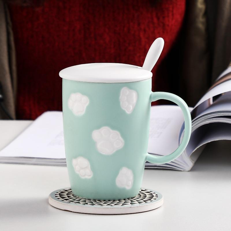 

Creative Embossed Cat Claw Ceramic Cup Office Home Large Capacity Drinking Mug with Lid Spoon Couple Breakfast Cup 440ml