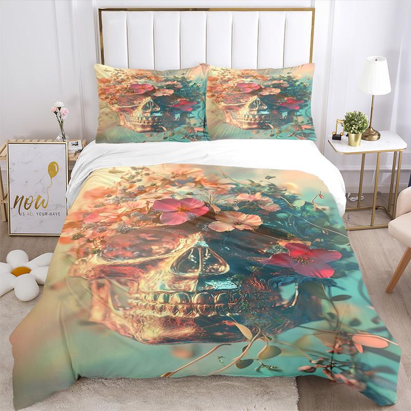 3pcs Floral Skull Duvet Cover Set - Machine Washable, Includes 1 Cover and 2 Pillowcases, No Core Included yy251013099