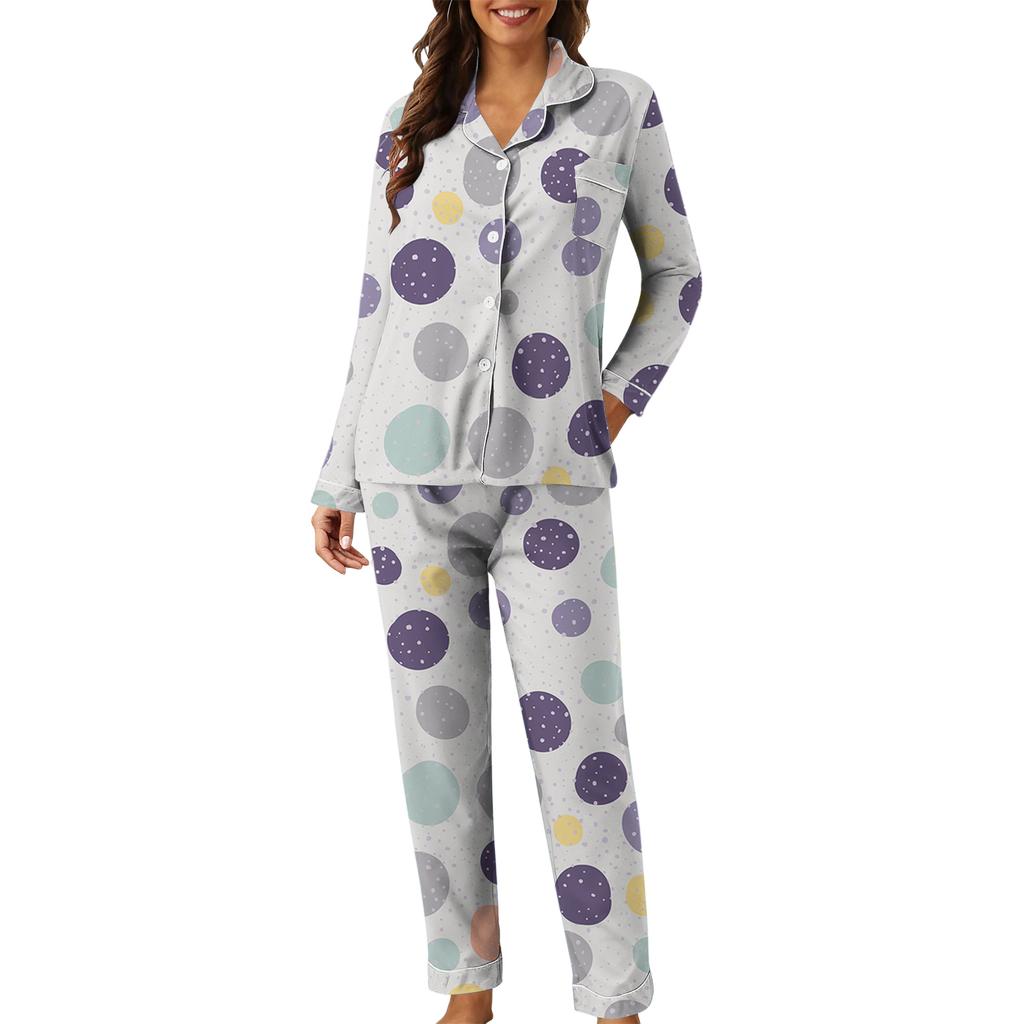Damen Casual Mode Polka Dot Print Langarm Hosen Homewear Set