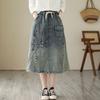 Hole Embroidered Denim Skirt for Women Autumn New Fashion Mid Length A-line Skirt Vintage Style Loose Skirts 2025