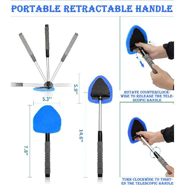 Windshield Cleaner Tool With Reusable Microfiber Pads - Car Window Glass Wiper Kit With Extendable Handle for Cleaning (1, Blue)