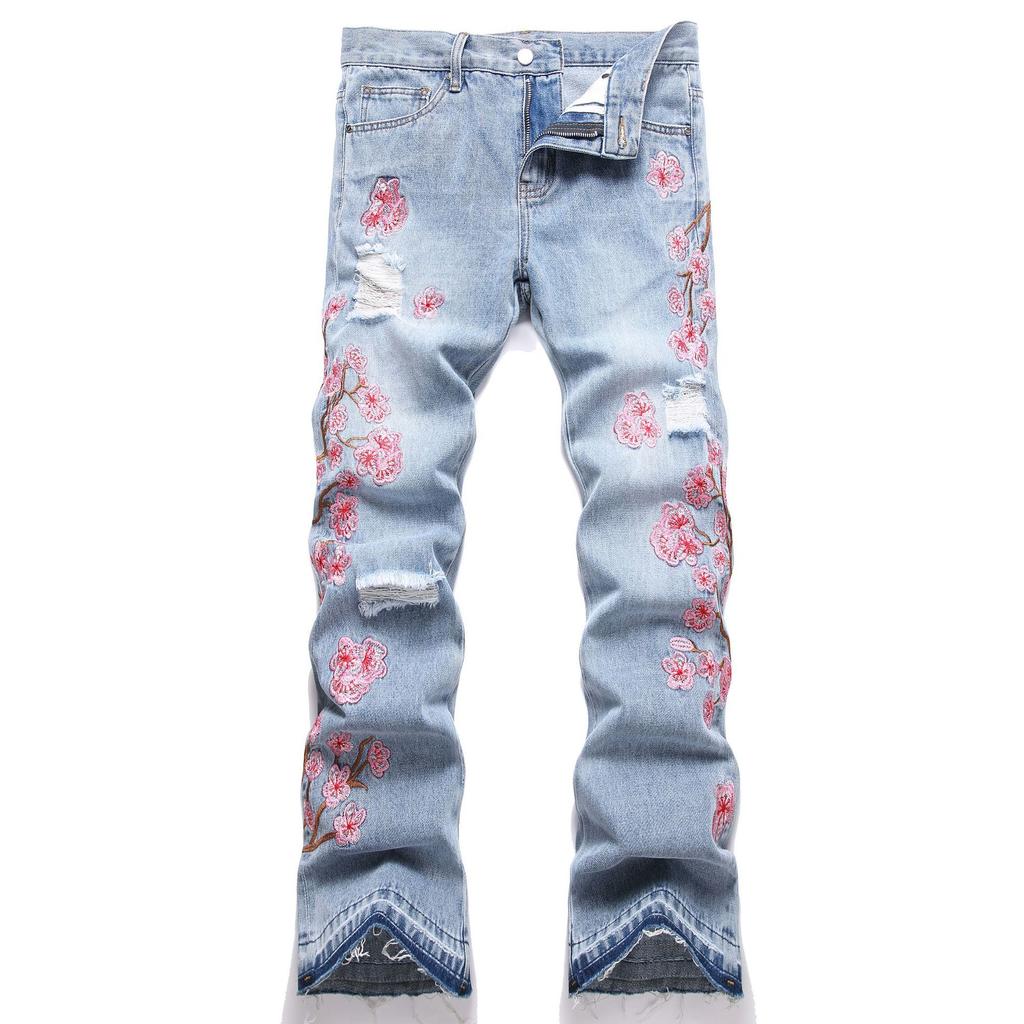 Cross Border Of Young Men's Micro Pull Denim Street Fashion Ins Blue Plum Blossom Embroidery Micro Pull Pants
