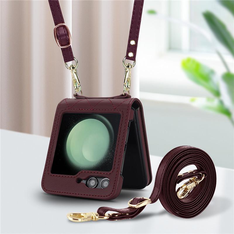 Luxury Wrist Rope Leather Phone Case For Samsung Galzxy Z Flip5 Flip4 Flip3 Flip 5 4 3 Crossbody Long Lanyard Cover Hoesje Coque