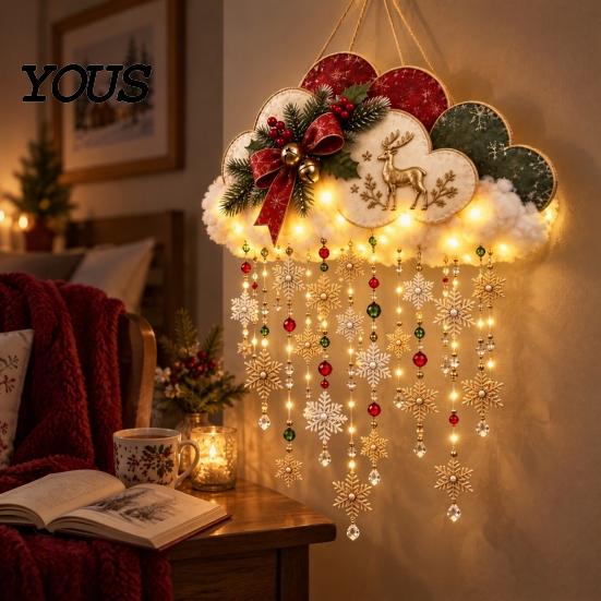 Winter Party Hanging Decor Vintage Lighted Christmas Snowfall Cloud, Cascading Snowflake Light with Reindeer/Angel, Holiday Gift for Home LED Lantern